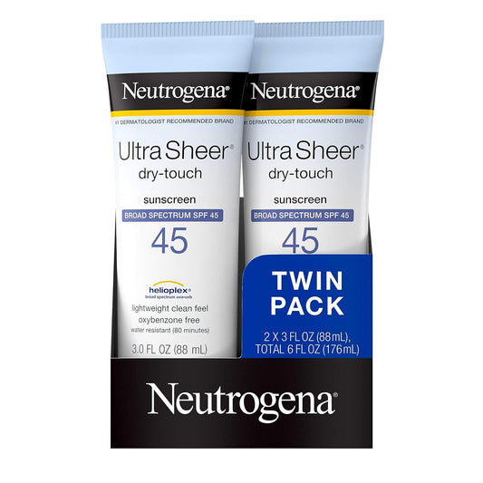 Neutrogena Ultra Sheer Dry-Touch Water Resistant Sunscreen Lotion with Broad Spectrum SPF 45, TSA-Compliant, 3 Fl Oz, Pack of 2, 6 Fl Oz