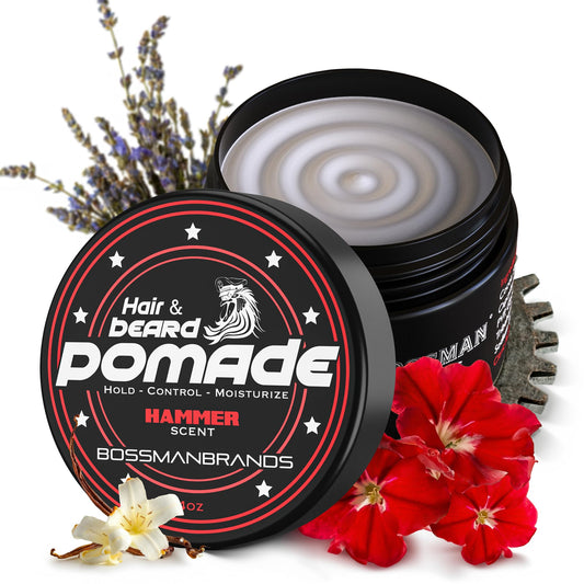 Bossman Hair & Beard Pomade - Moisturizing with Longer Hold and Control - Men's Hair, Beard and Moustache Styling Product - Made in USA (Hammer Scent)