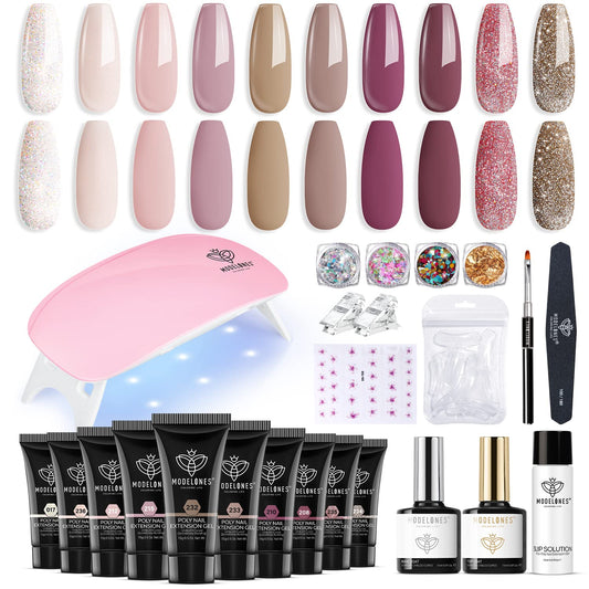 Modelones Poly Nail Extension Gel Kit 10 Colors with 6W Nail Lamp, Nude Tones Poly Nail Gel Complete Kit All Season Colors with Basic Poly Nail Art Accessories Tools for Beginner DIY at Home Gifts
