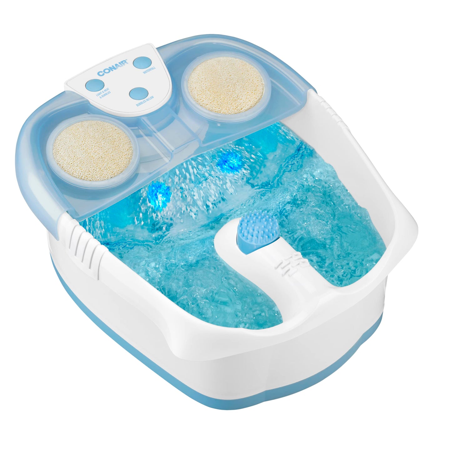 Conair Waterfall Pedicure Foot Spa Bath with Blue LED Lights, Massaging Bubbles and Massage Rollers, Blue/White