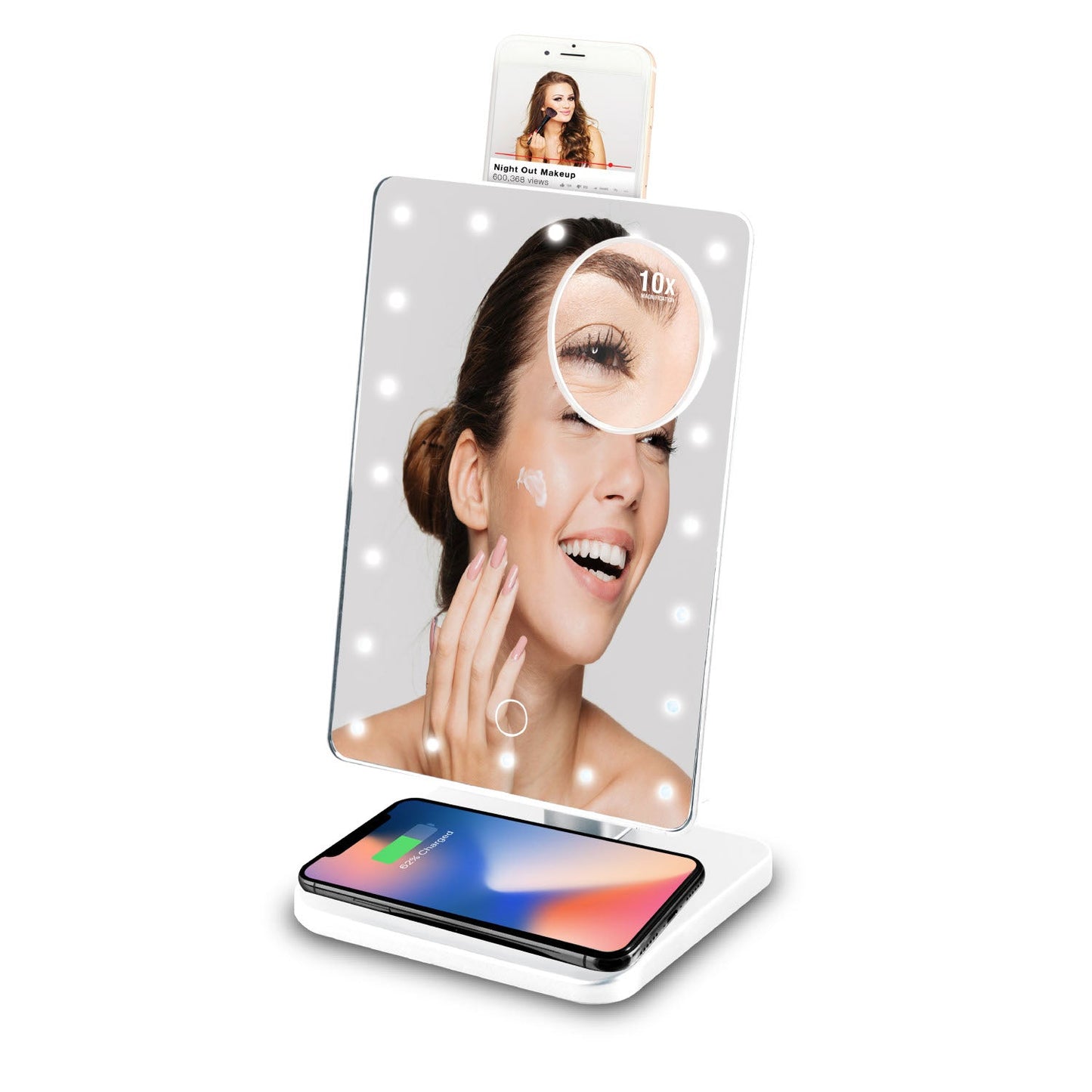 Brookstone Light-up Vanity Makeup Mirror 10x Magnification with Bluetooth Speakers and Qi Wireless Charging Stand