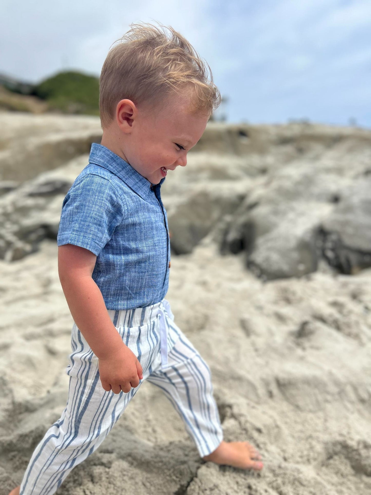 Me & Henry Helford Blue Heathered Woven Onesie