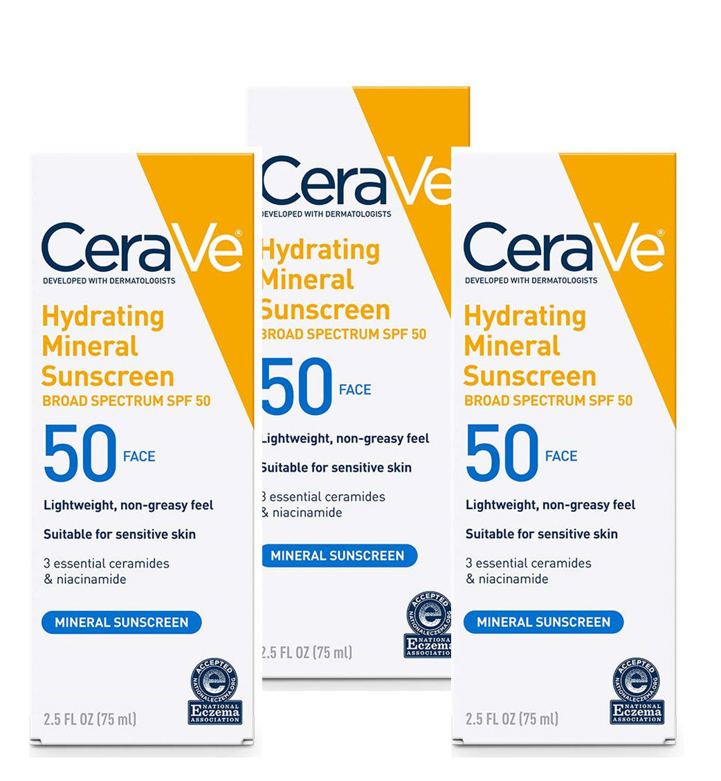 CeraVe Hydrating Mineral Sunscreen SPF 50 - Body Sunscreen with Zinc Oxide & Titanium Dioxide for Sensitive Skin - 2.5oz/75ml